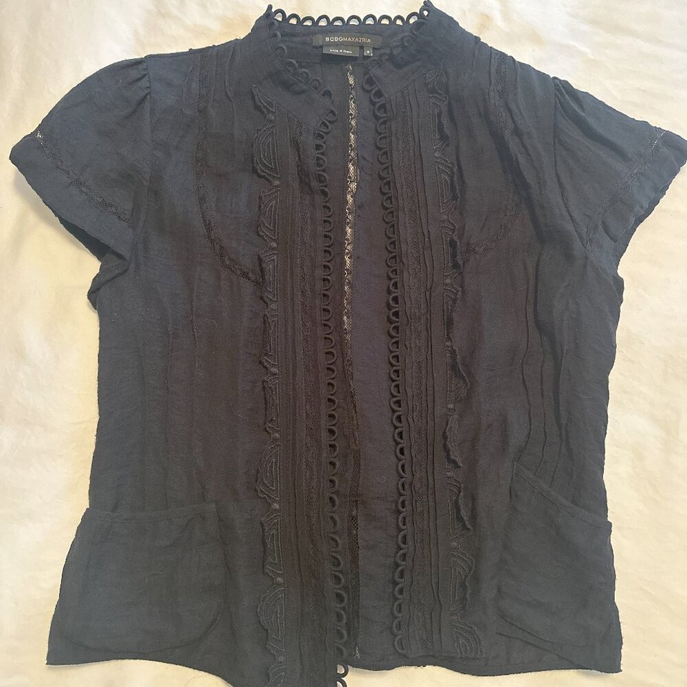 BCBG MAX AZRIA Black Cotton Eyelet Lace Short Sleeve Open Front Belt Jacket SM